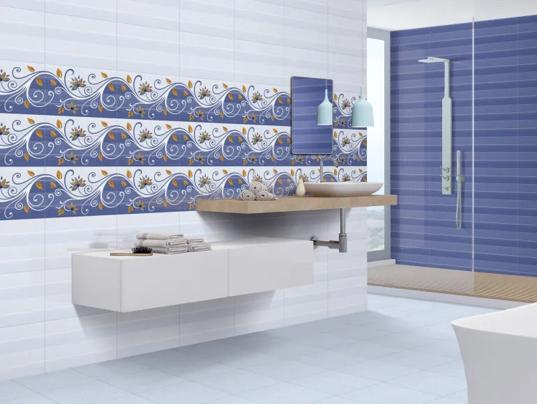 3D-effect blue bathroom design with stylish accents